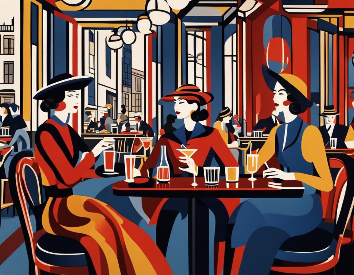 Stylish Women in Parisian Cafe, Cubist Style