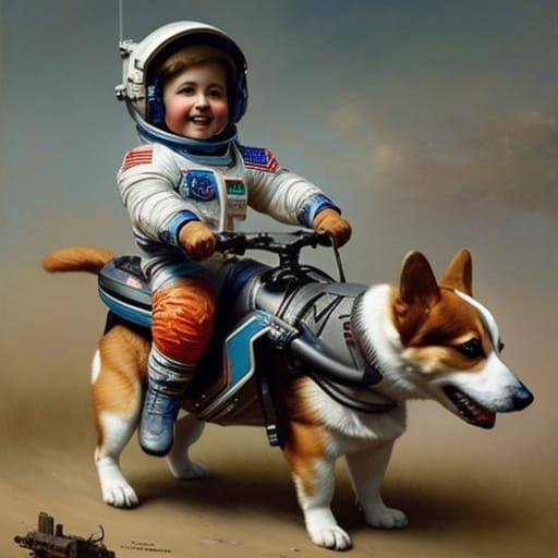 Astronaut Boy and Corgi Ride in Fantasy Style