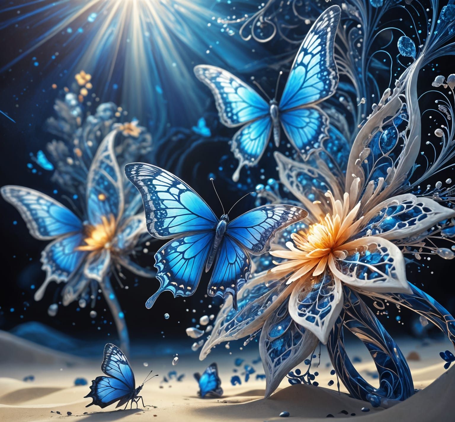 Blue Butterfly and Enchanted Floral Realm