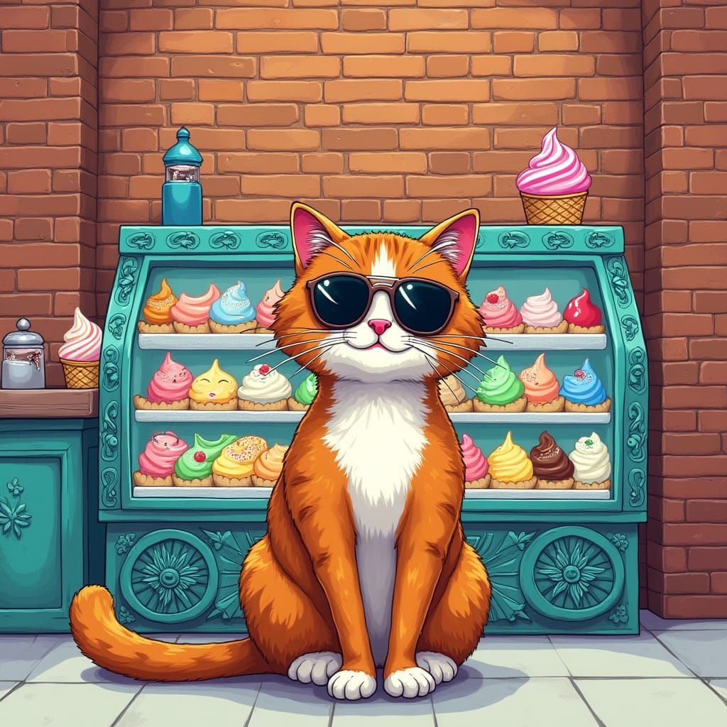 Playful Cat Poses in Front of Colorful Gelato Shop