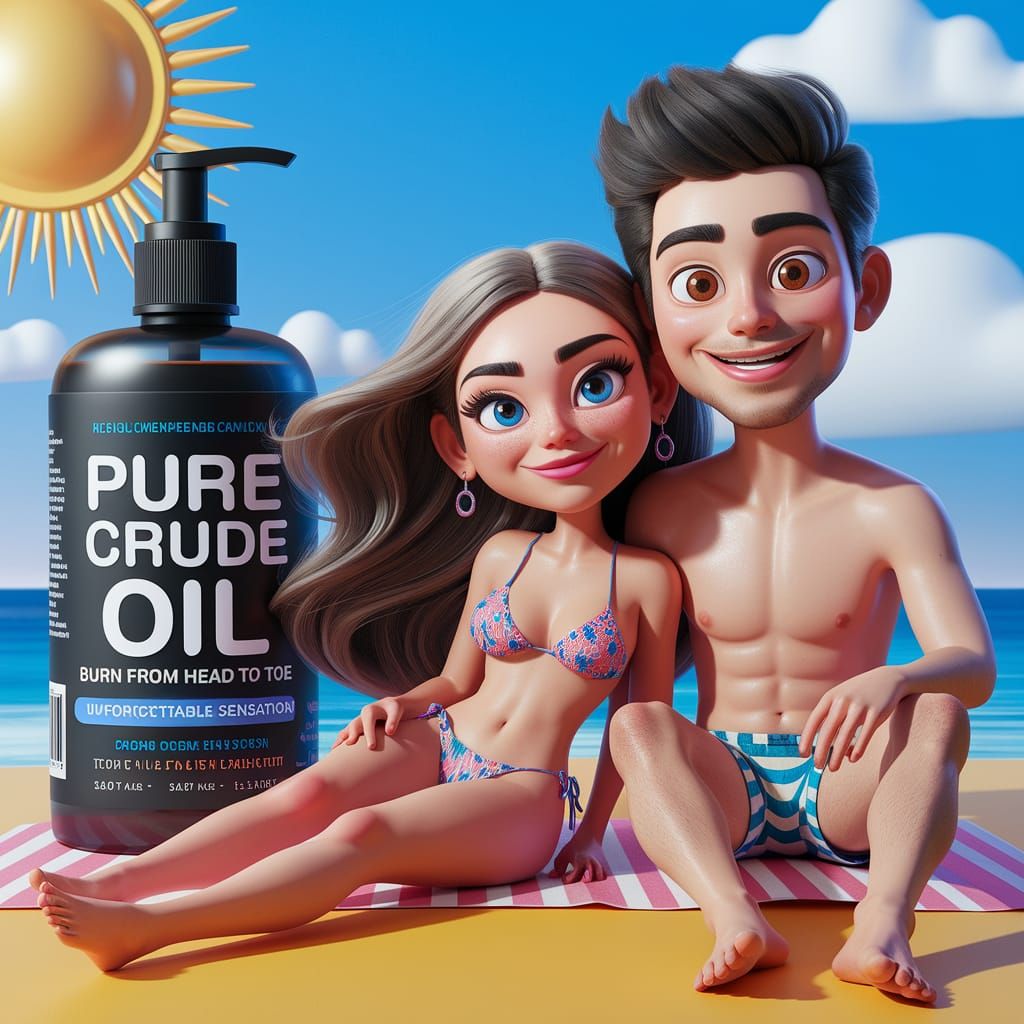 Sunny Beach Scene with Whimsical Sunbathing Cream Bottle