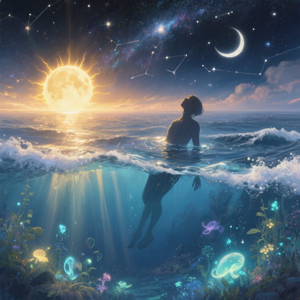 Cosmic Dreamscape: Serene Figure in Celestial Ocean
