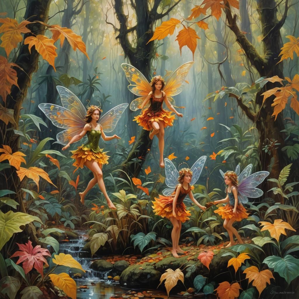Autumn Fairies in Jungle, Oil Painting