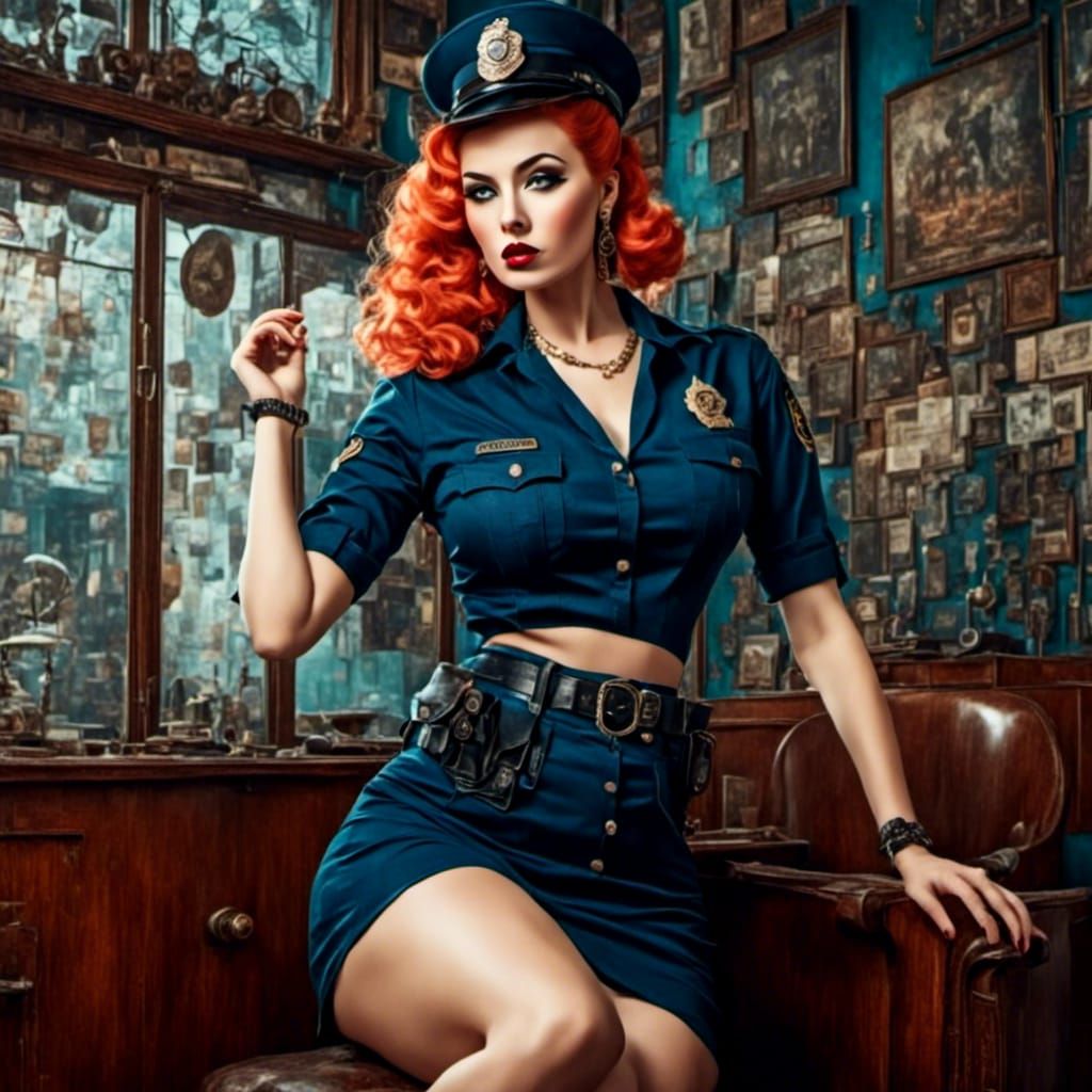 Retro Police Pinup Girl in Dark Fantasy Style
