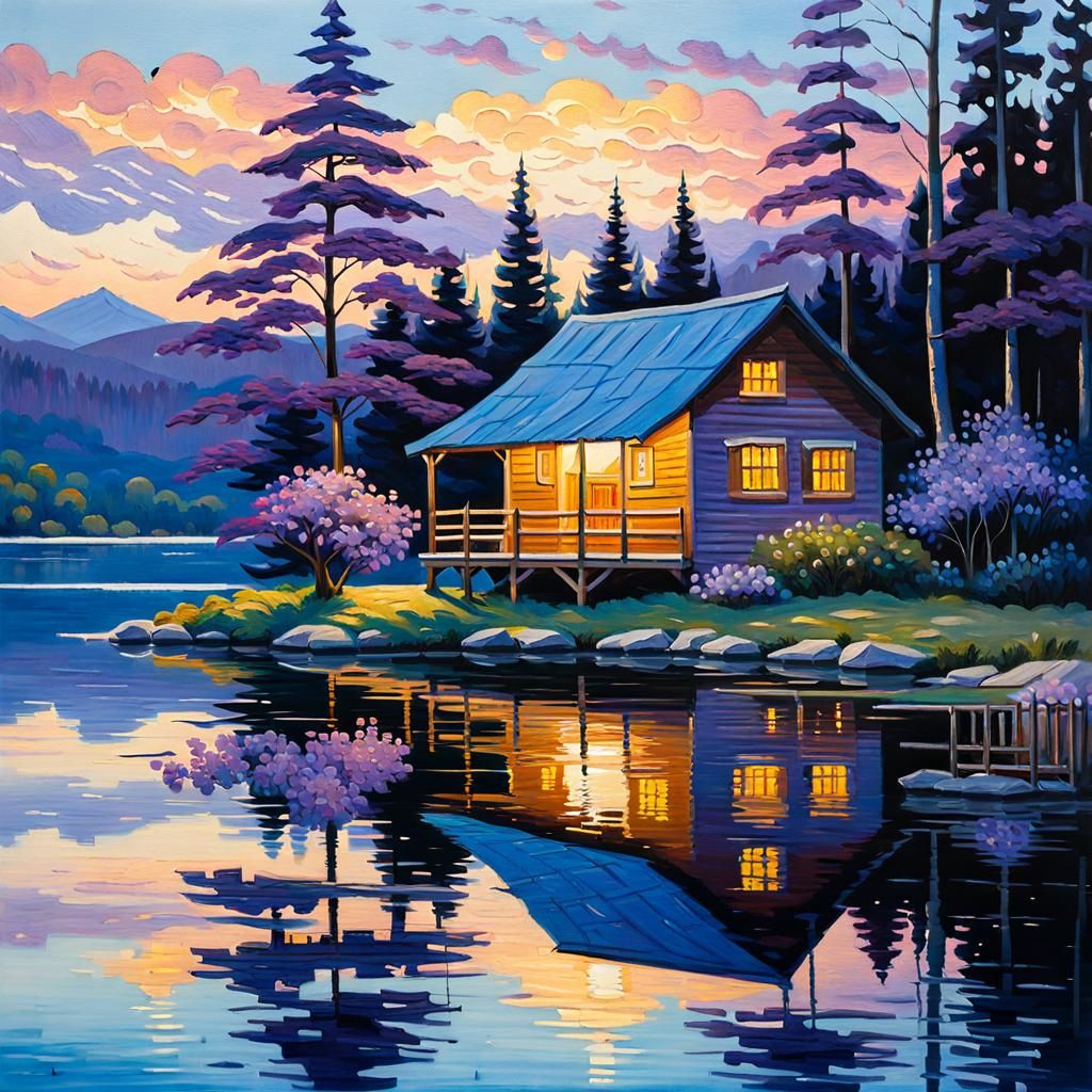 Impressionist Hut by Lake with Floral Reflections