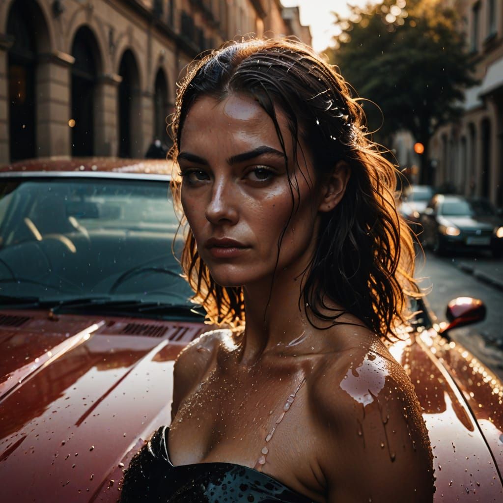 Glamorous Brunette in Cinematic Clean Car Pose