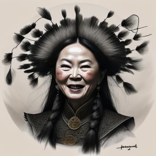 Woman Laughing in Chinese Ink Painting Style