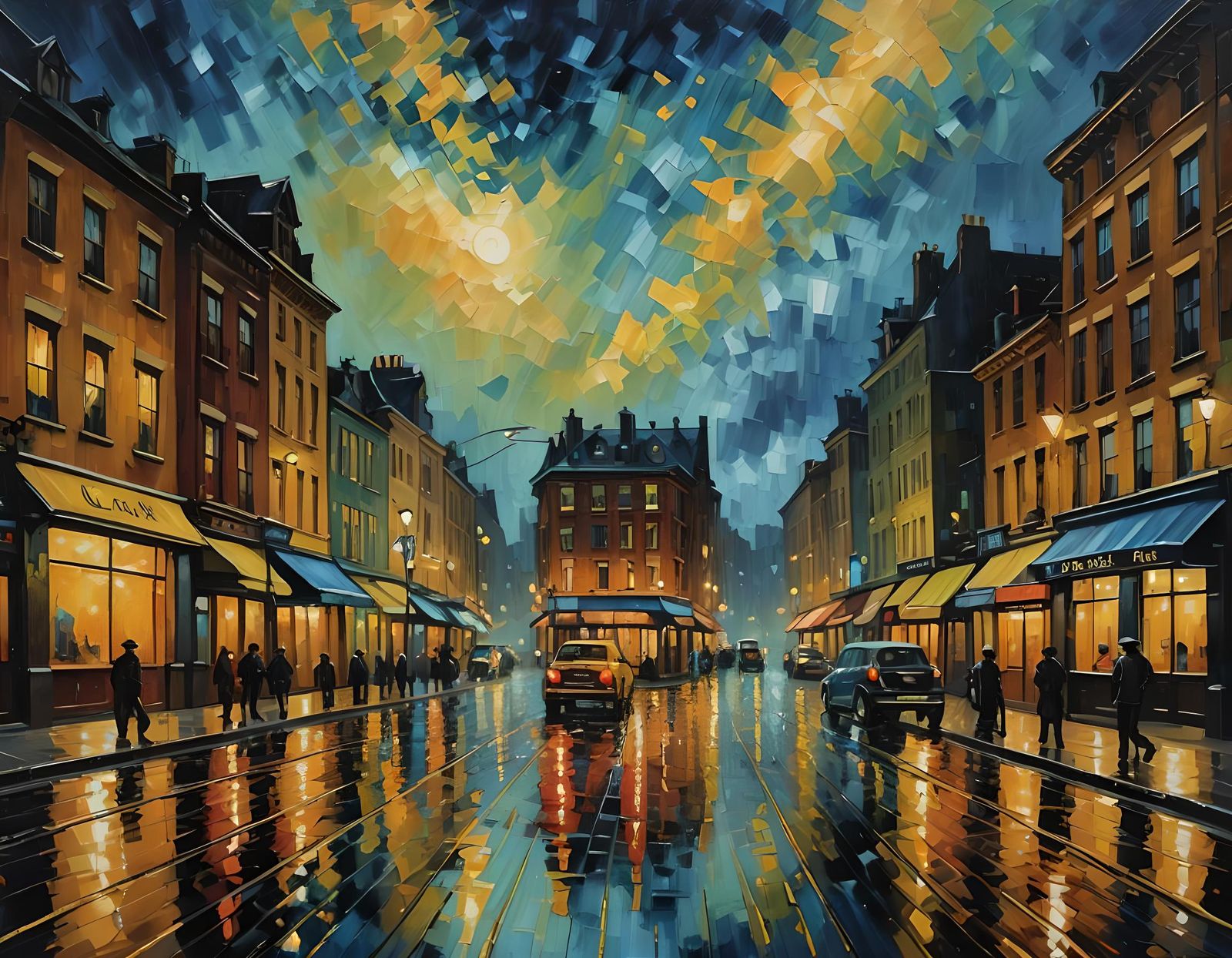 Rainy Downtown Street Scene in Van Gogh Style