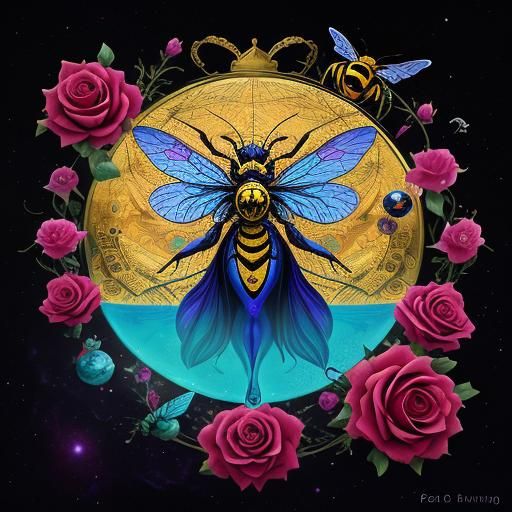 Surreal Bee Goddess with Roses in Dali Style