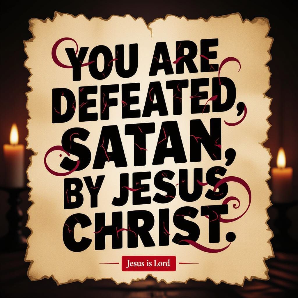 Bold Red "You Are Defeated, Satan" Text in Woodcut Style