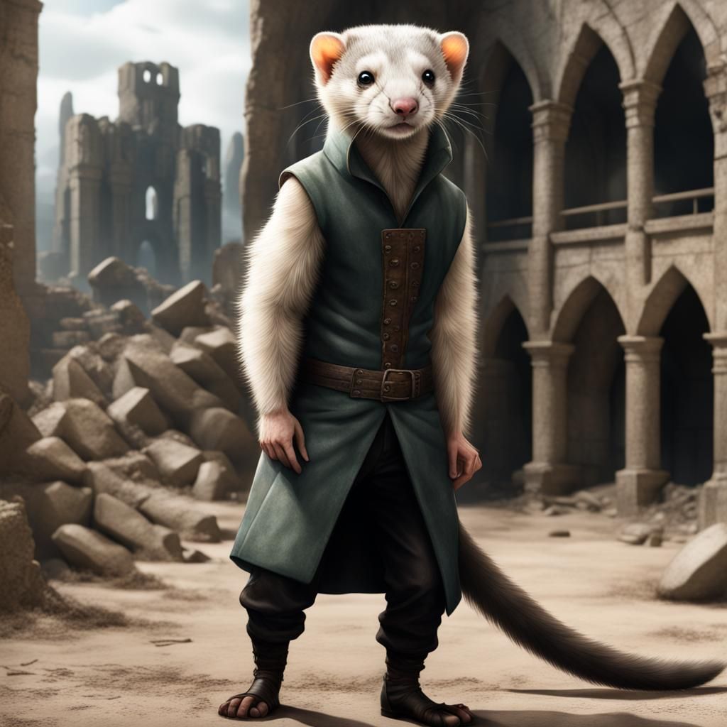 Hyper-Realistic Anthropomorphic Ferret in Fantasy Ruins