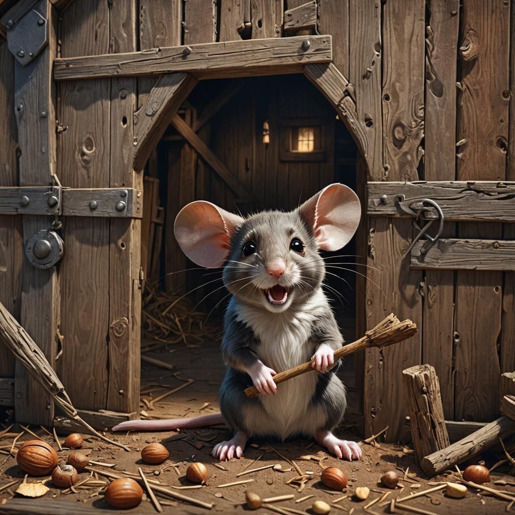 Mouse Digging Hole in Barn, Detailed Matte Painting