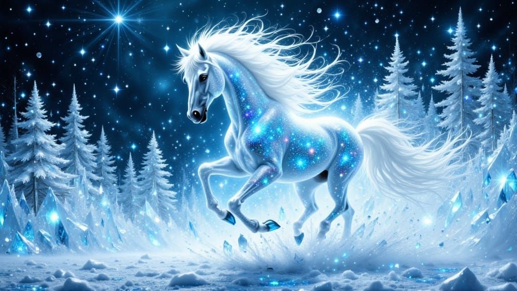 Sparkling Snow Horse in Enchanted Ice Forest
