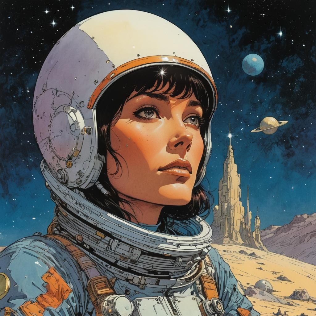 Retro Space Girl Gazing at Stars