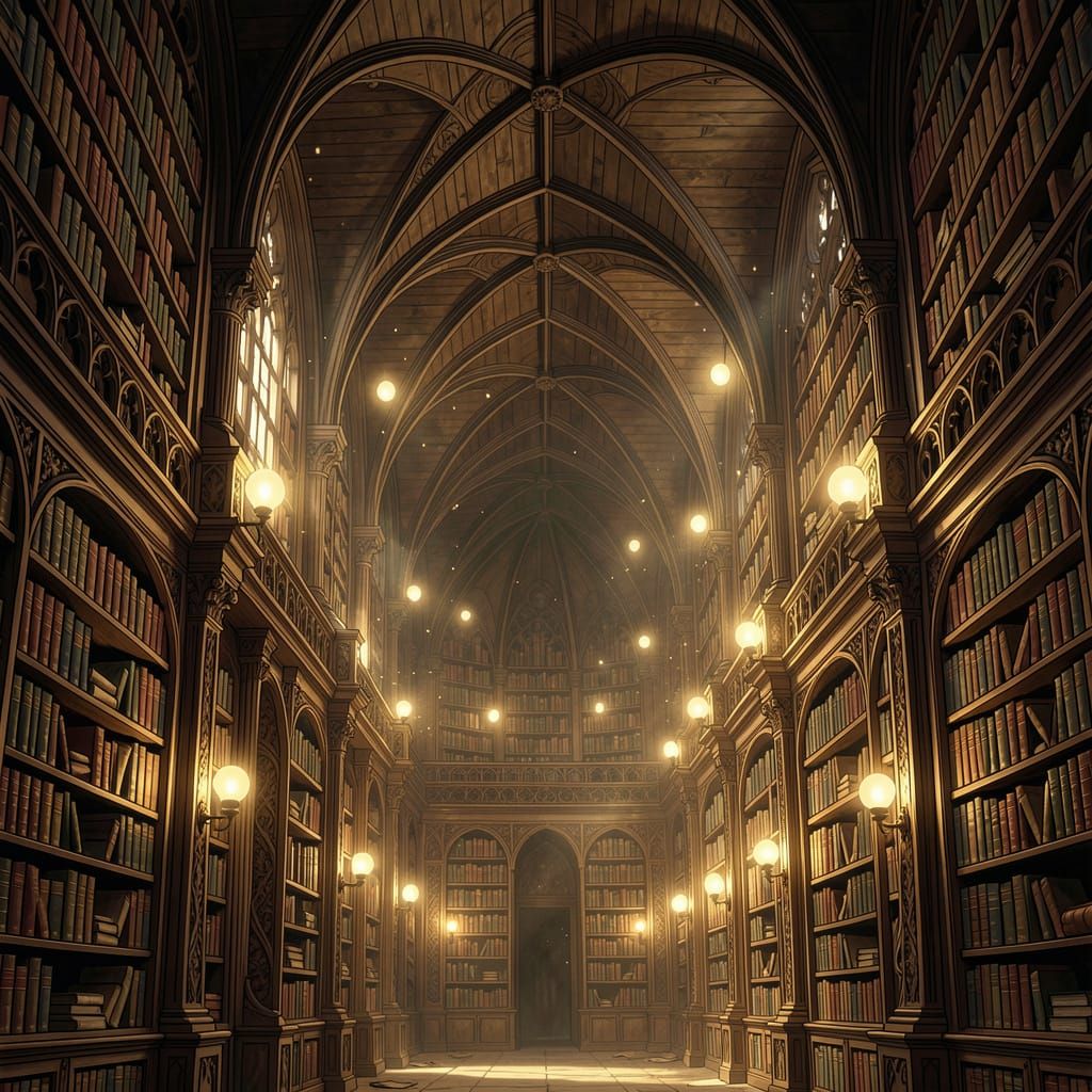 Ancient Library of Forgotten Tomes with Ethereal Light