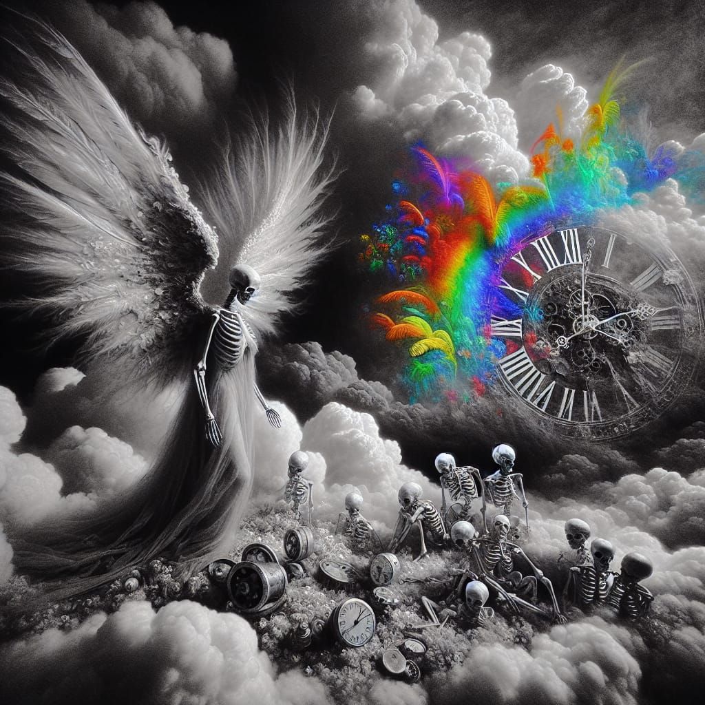 in the clouds , Infrared black and white photography,   Jerry Uelsmann, apparition of a winged  skeleton angel, angel of...