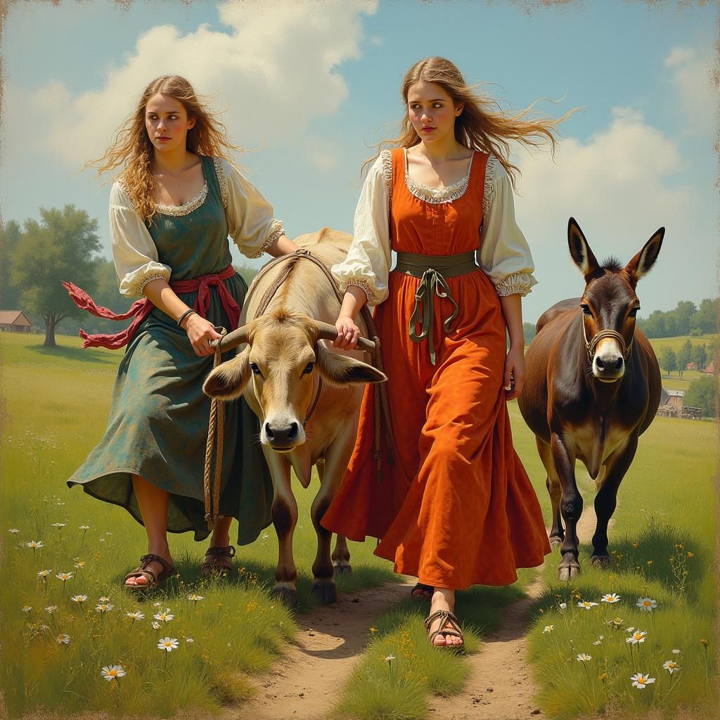 Medieval Women Plowing Field in Barbizon Style