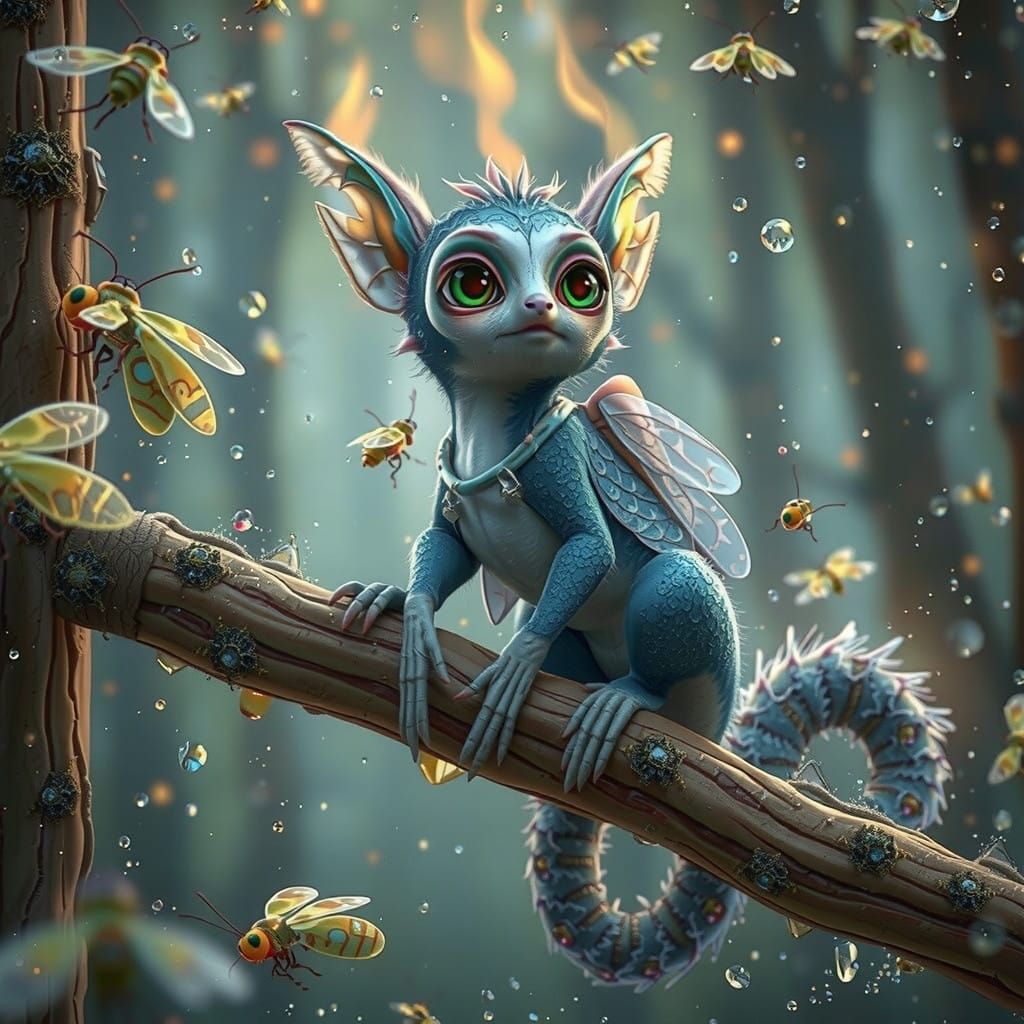 Iridescent Firefly Amidst Sparkling Dew and Ethereal Flame