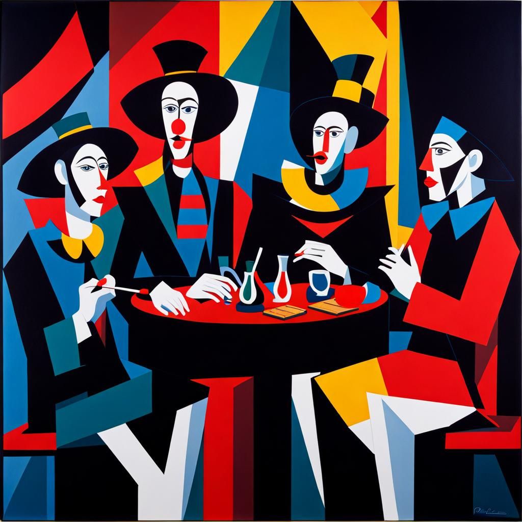 Cubist Clowns and Trapeze Artist in Jacob Lawrence Style
