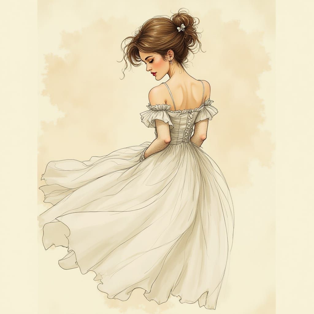 Elegant French Caricature Lady with Delicate Watercolor Text...