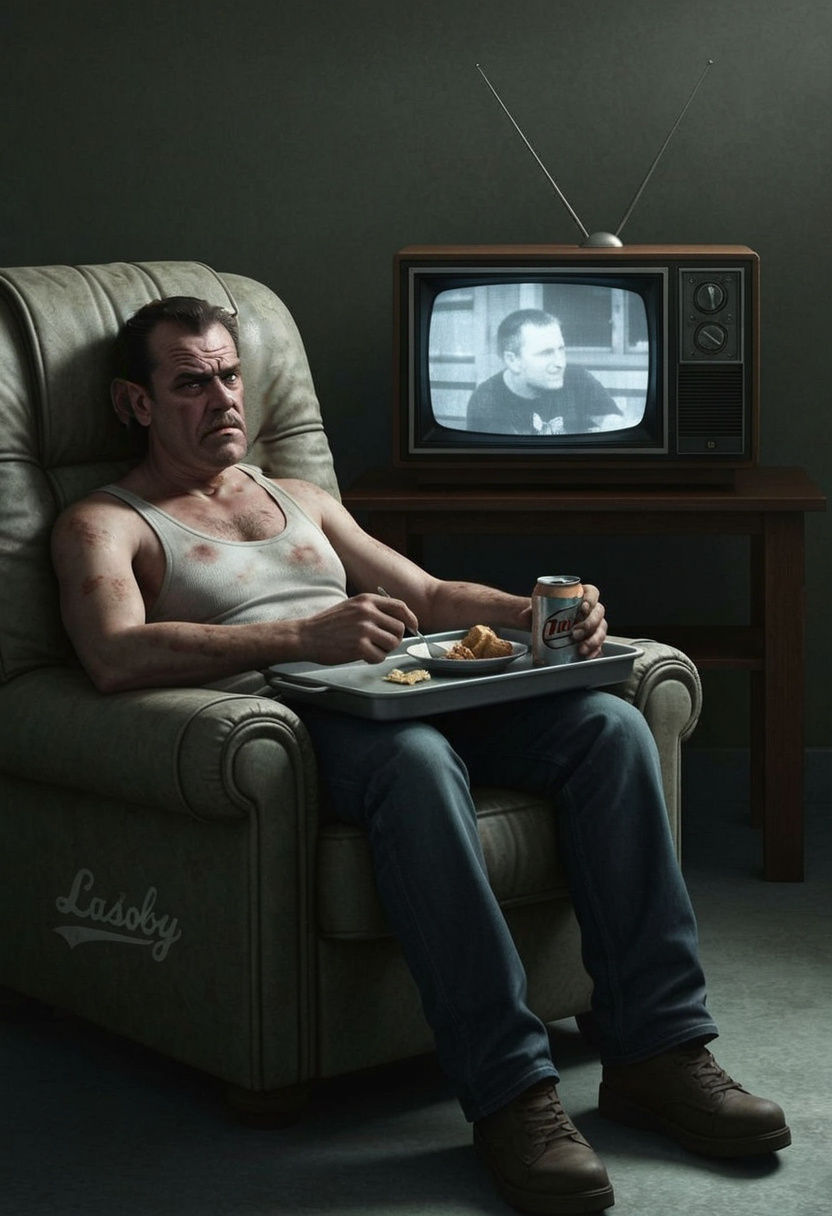 Biker's Solitary Moment in a Lazy Boy Chair