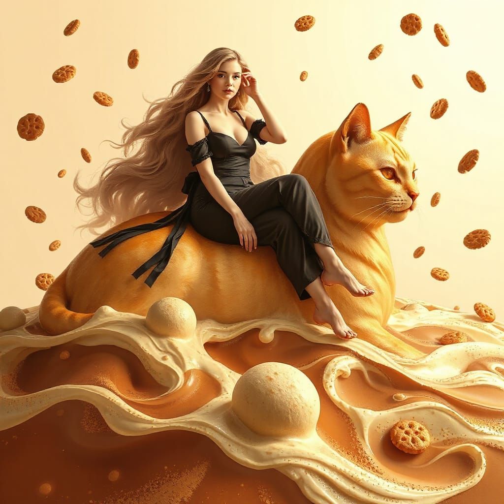 Woman on Coffee Cat in Frothy Sea of Cappuccino