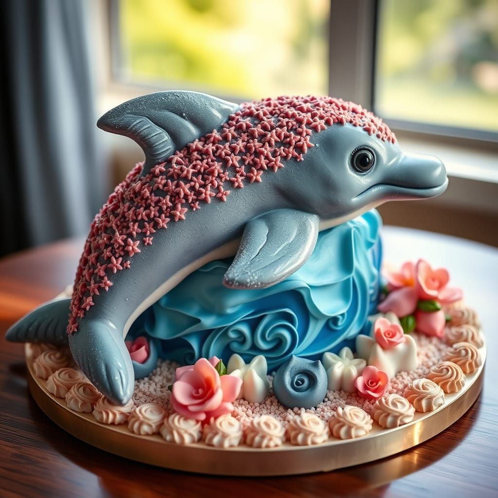 Surreal Dolphin Cake Sculpture in Vibrant Colors