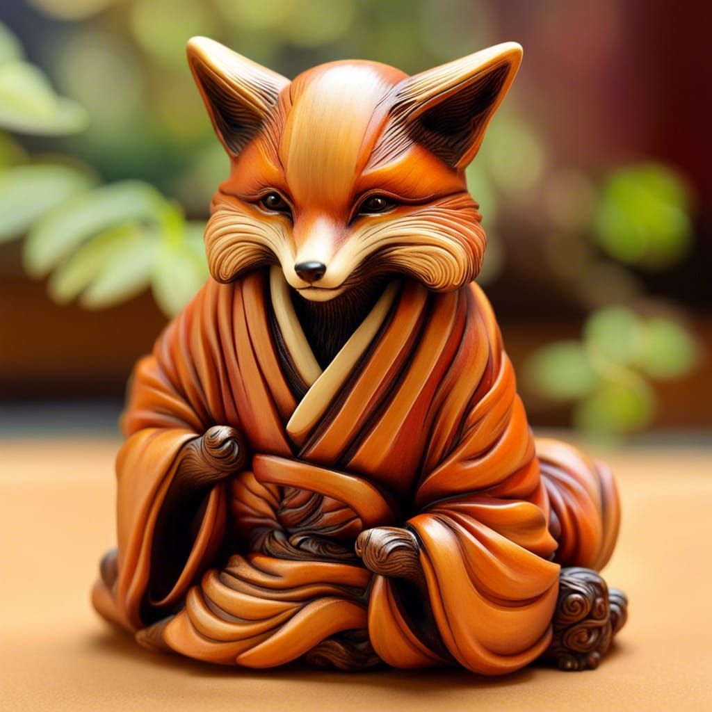 Fox in Kimono Netsuke Sculpture in Splash Art Style