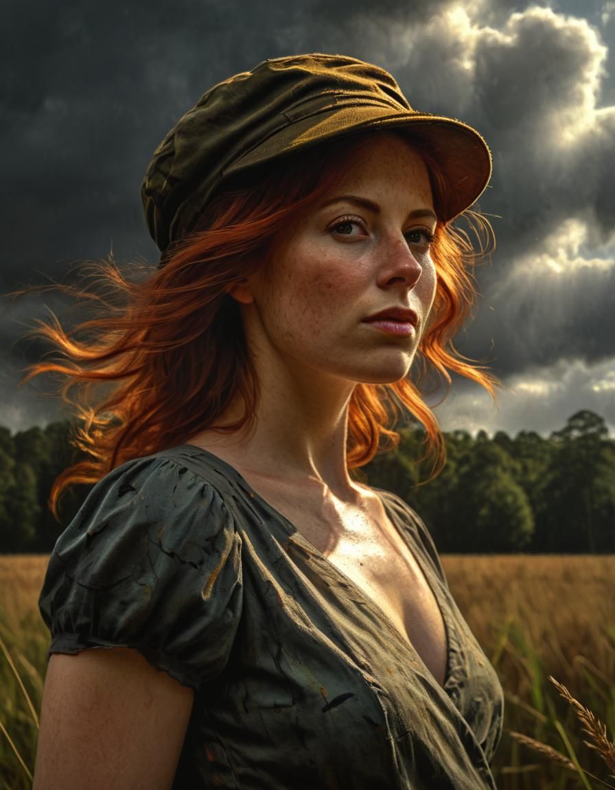 Auburn Haired Woman in Field, Chiaroscuro Oil Painting