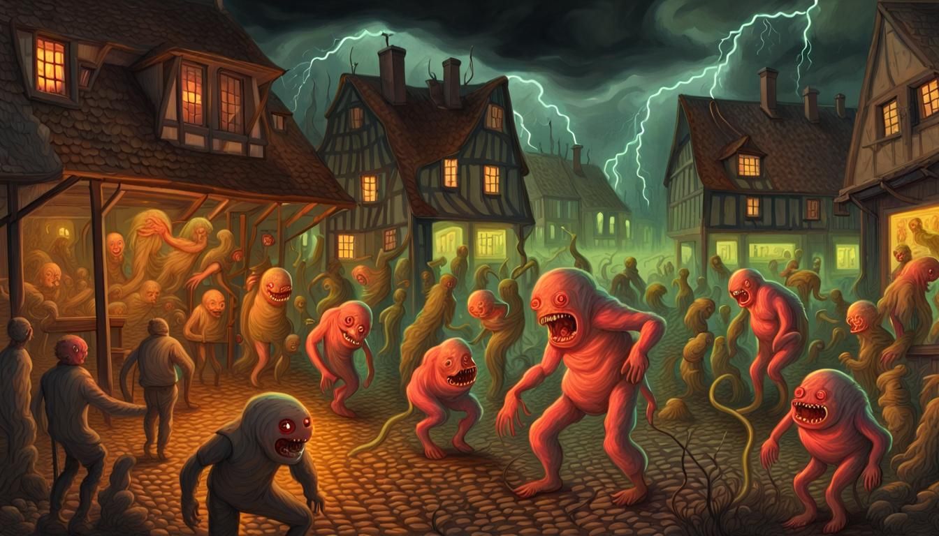 Glowing Neon Horror: Golems in a Terrified Thunderstorm