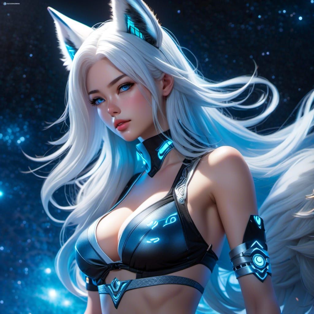 Woman with Wolf Ears in Nebula, Detailed Portrait