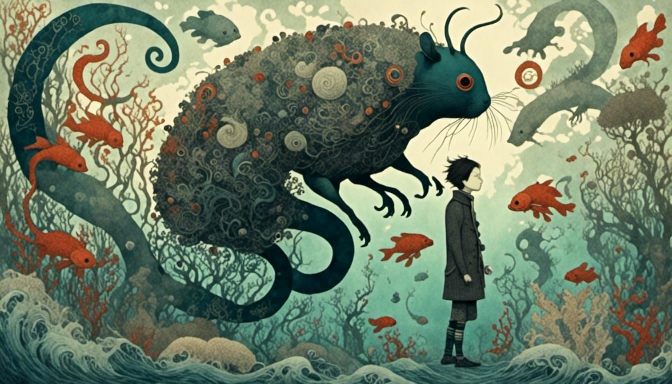 Grotesque Surrealism: Man Surrounded by Sea Creatures