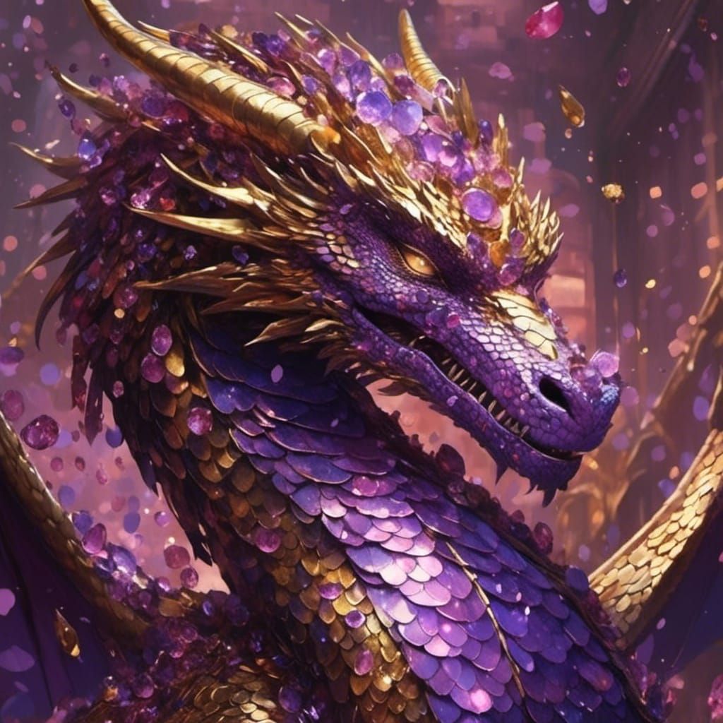 Regal Dragon Portrait with Gold Scales and Amethyst Gems