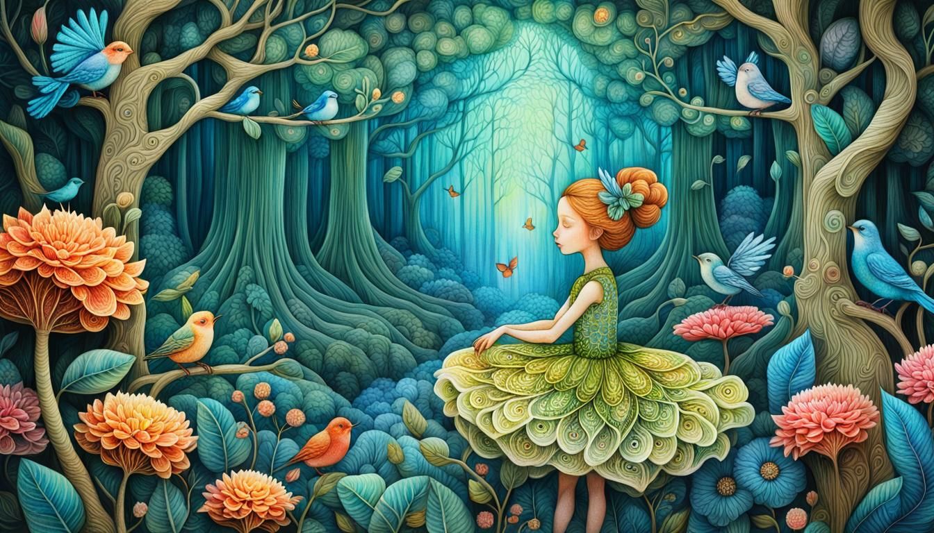 Whimsical Forest Scene with Intricate Fractal Art