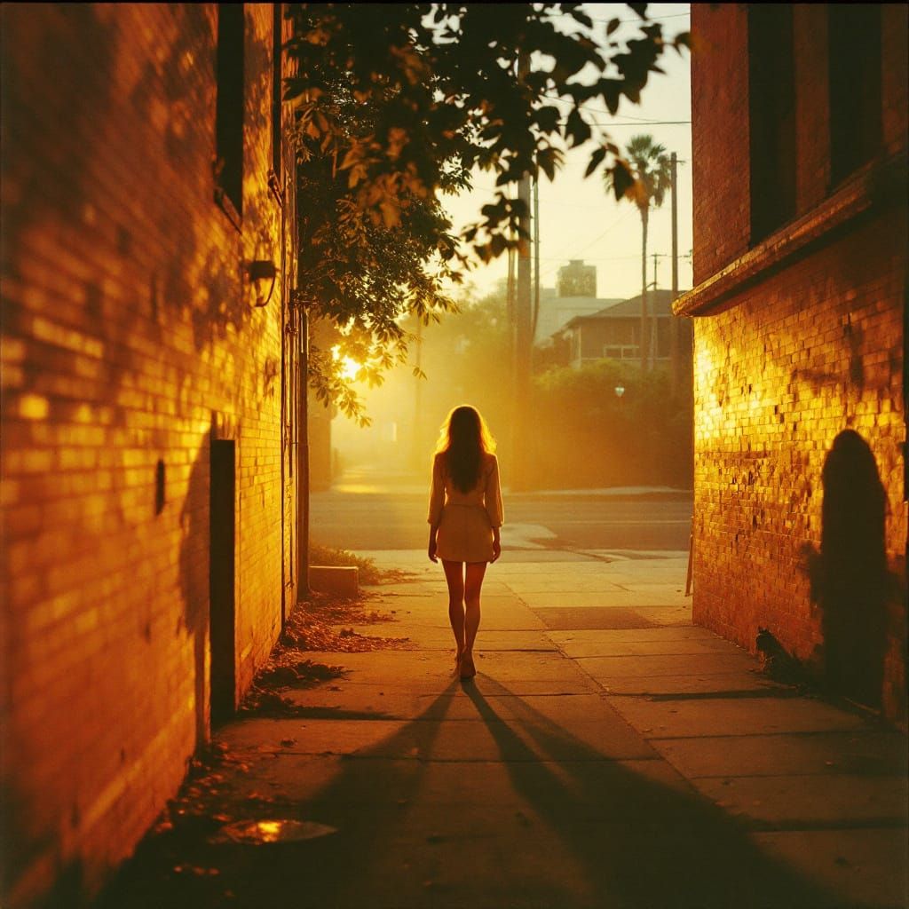 Golden Hour Street Scene with Amber Tones and Film Grain