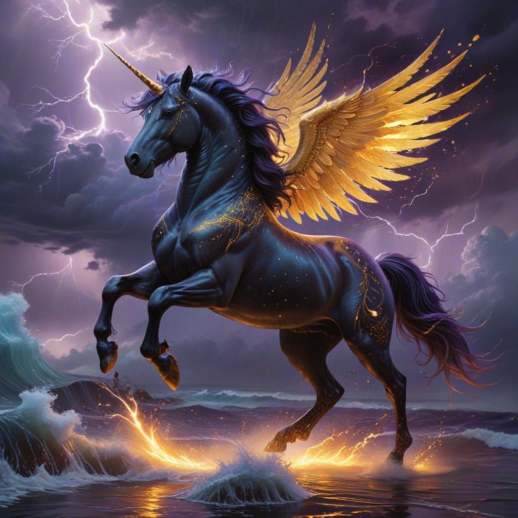 Majestic Black Unicorn Shines in Stormy Fantasy