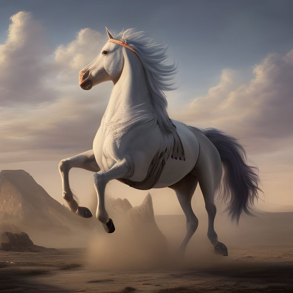 Majestic White Mustang Rearing at Sunset
