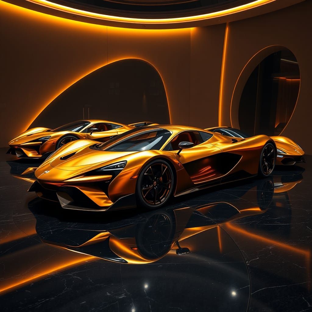 Golden Supercars in Futuristic Showroom