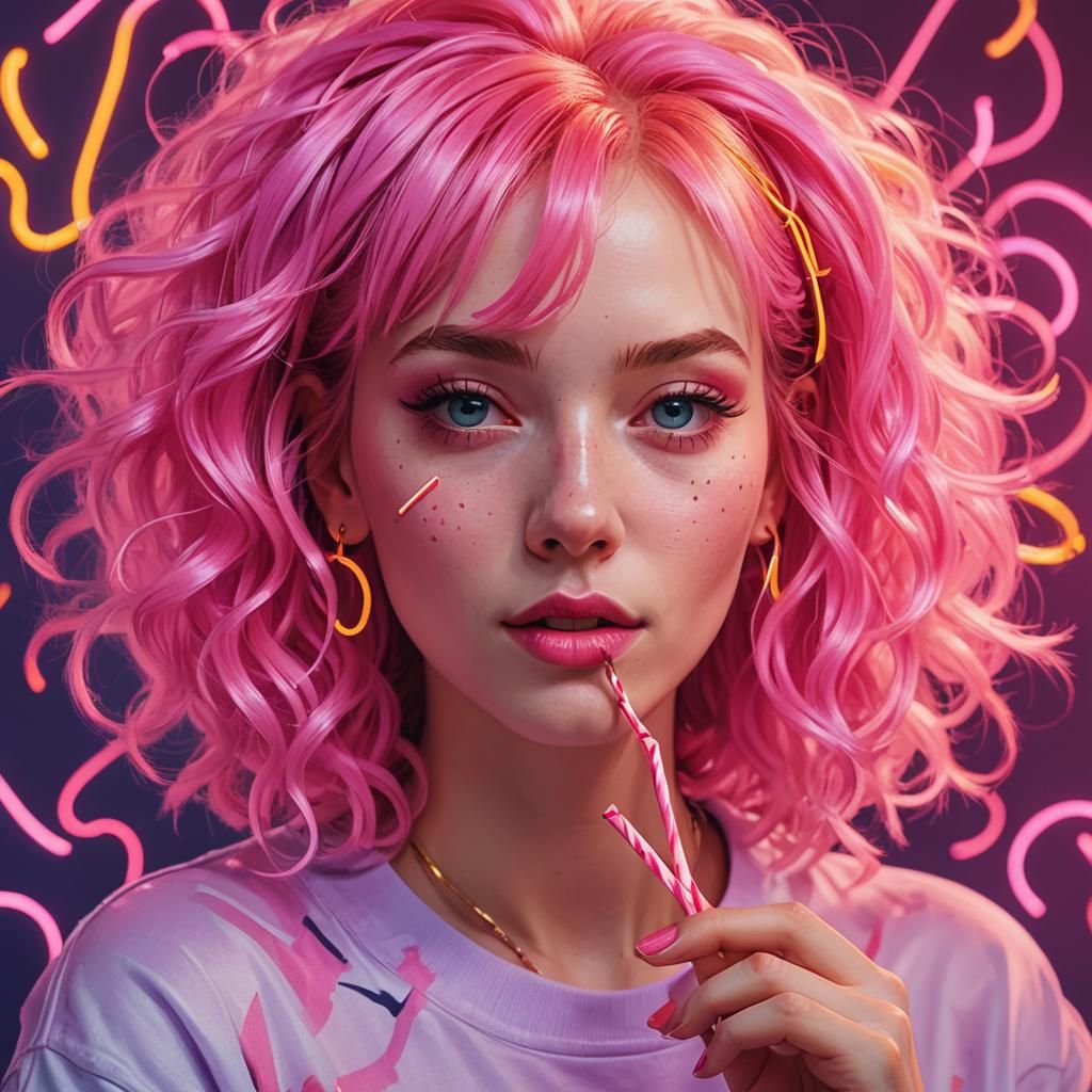 Girl with Pink Hair Eating Twizzler in Neon Art