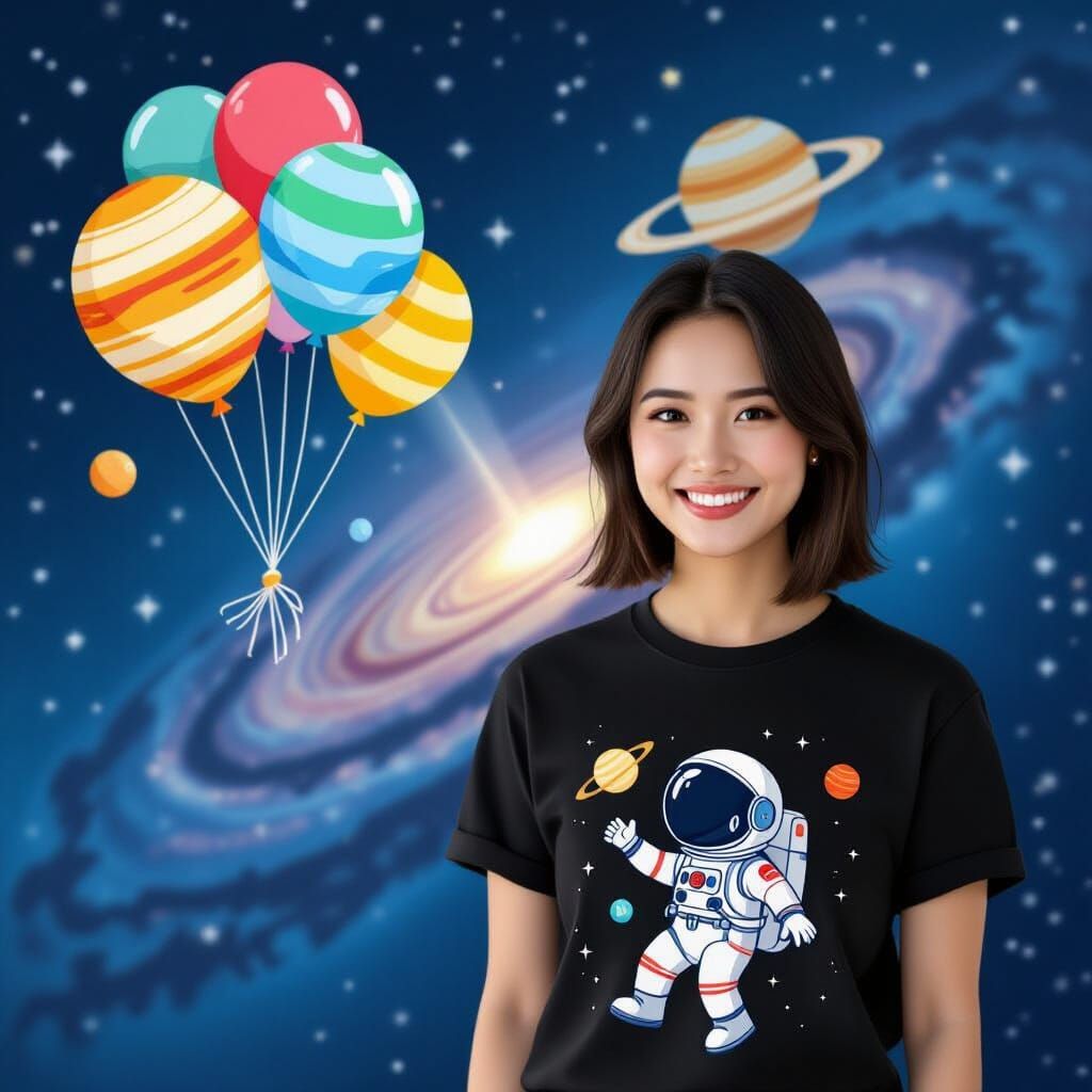 Woman in T-Shirt with Astronaut Holding Planet Balloons