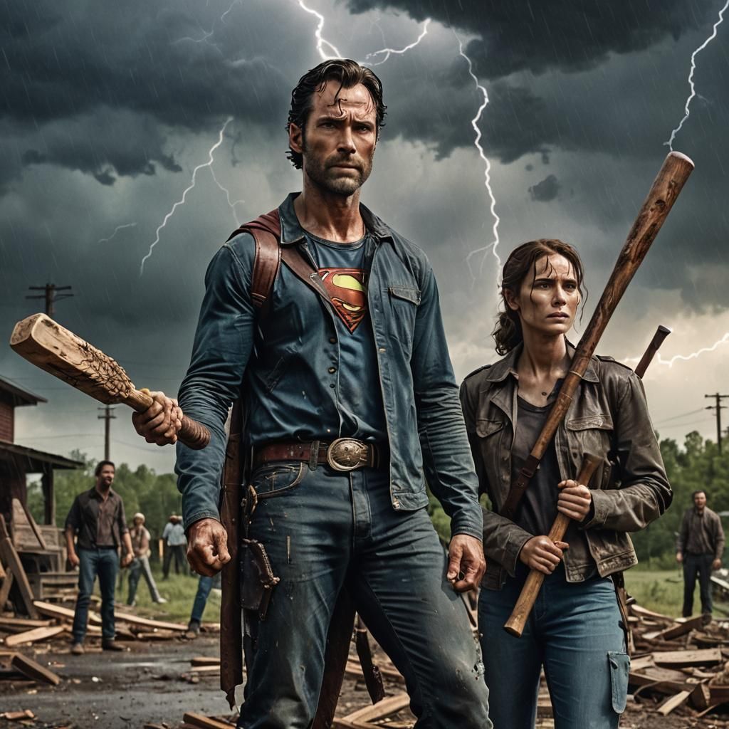 Hyperrealistic Superman and Rick Grimes in Apocalyptic Storm