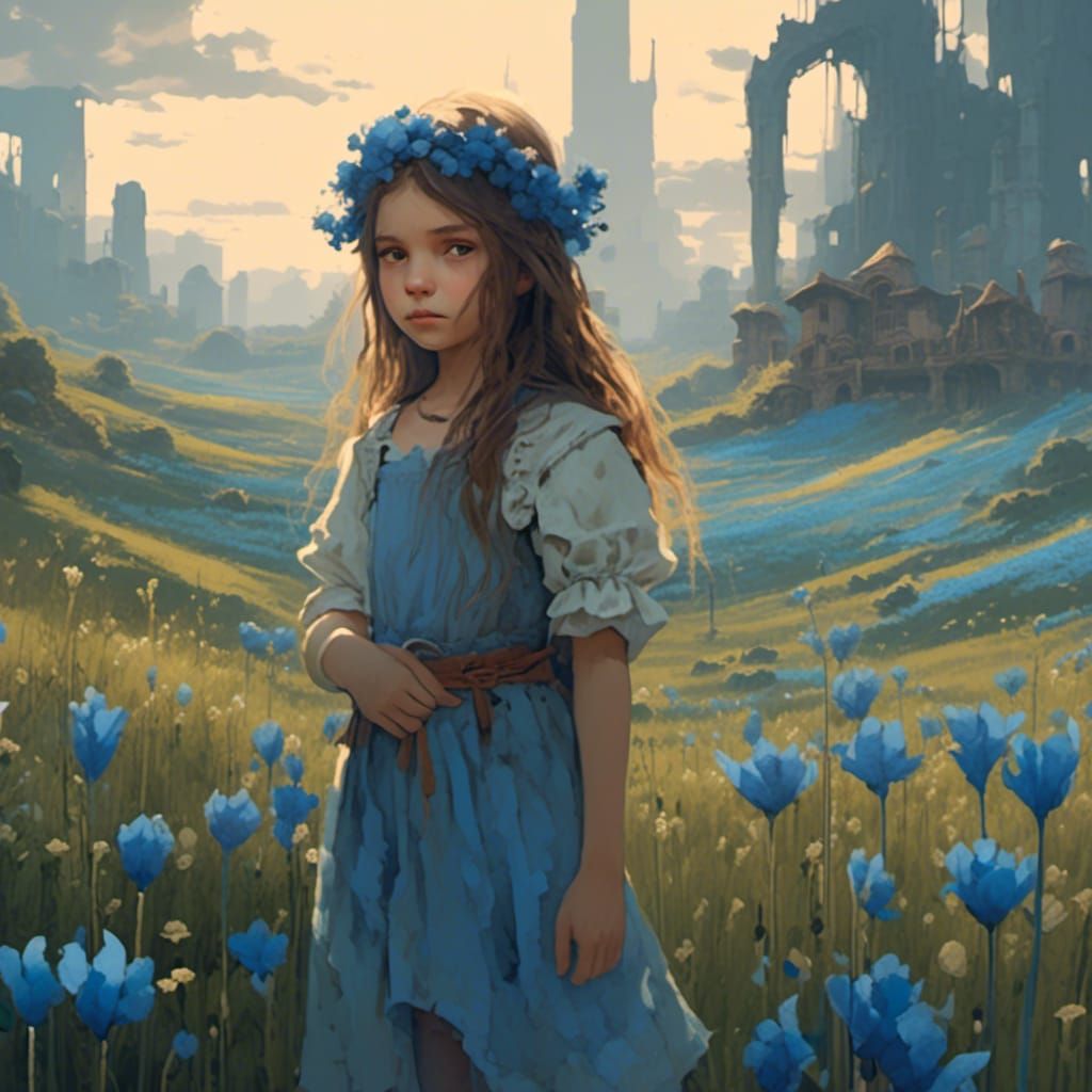 Girl with Flax Flower Illustration in Storybook Style