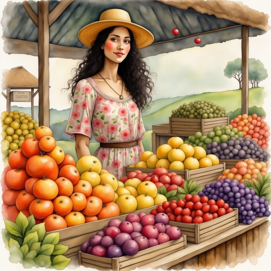 Charming Fruit Market Scene in Watercolour Style