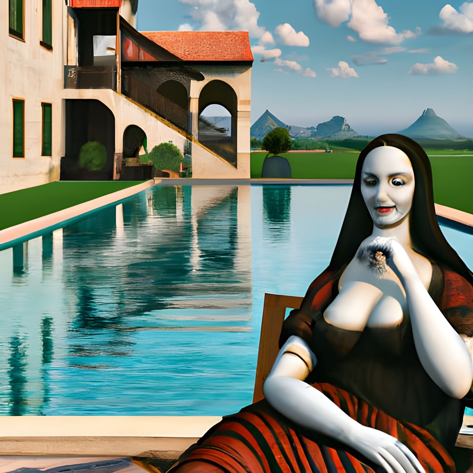 Mona Lisa Relaxing Poolside: A Photorealistic Rendering