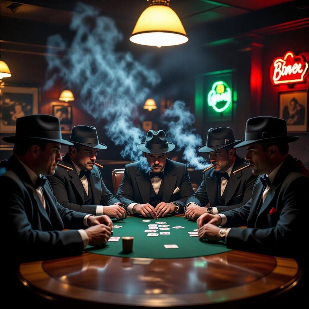 Mafia Men Playing Poker in 1940s Bar, Cinematic Style