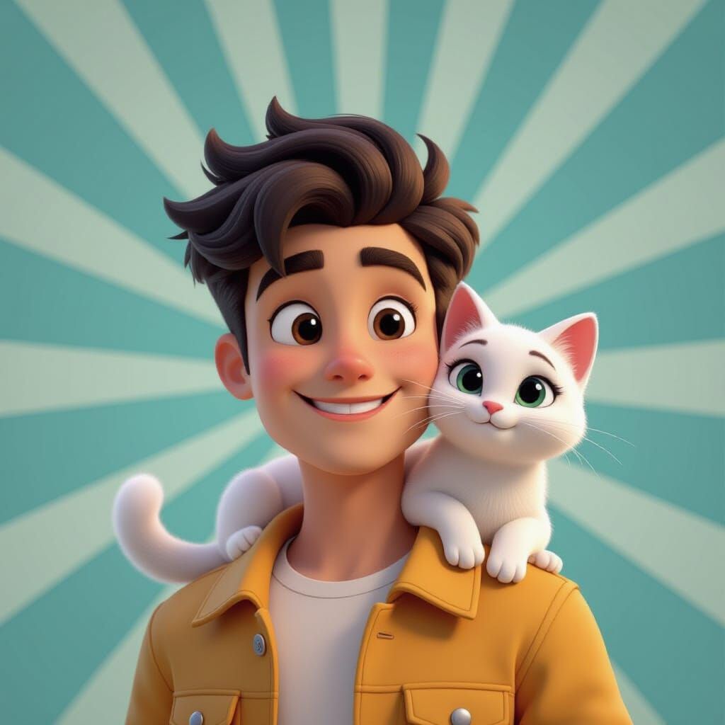 Young Man With White Cat On Shoulder, Pixar Style