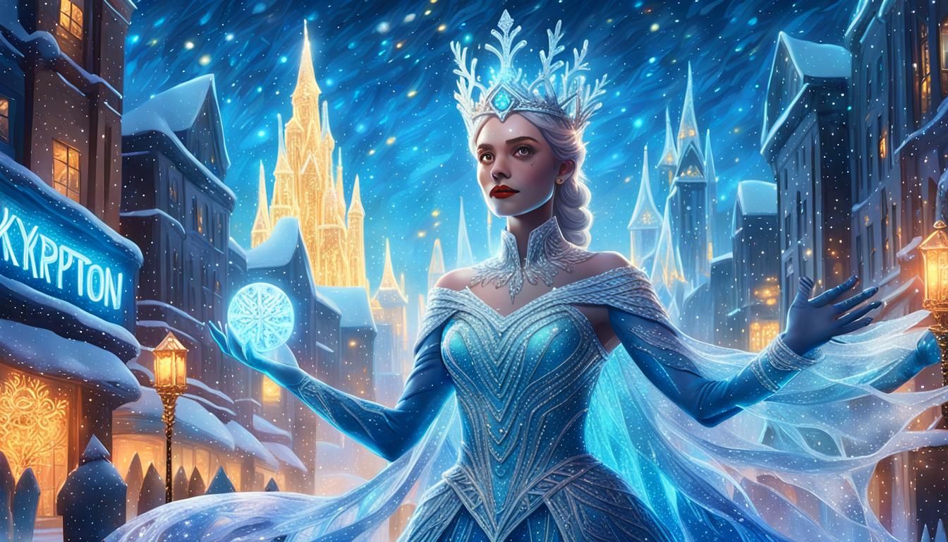 Christmas Ice Queen Reigns Over Neon Snowy Krypton City