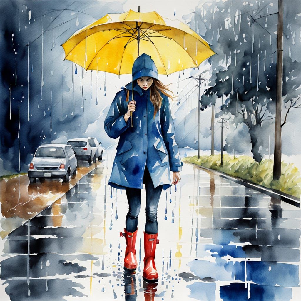 Girl Walking in the Rain with Bright Red Boots