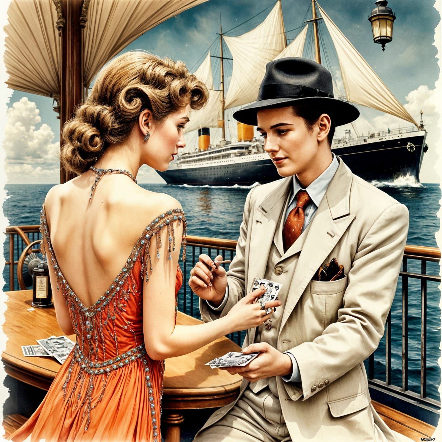 Vintage Hollywood Starlet Learns to Play Cards on Ocean Line...