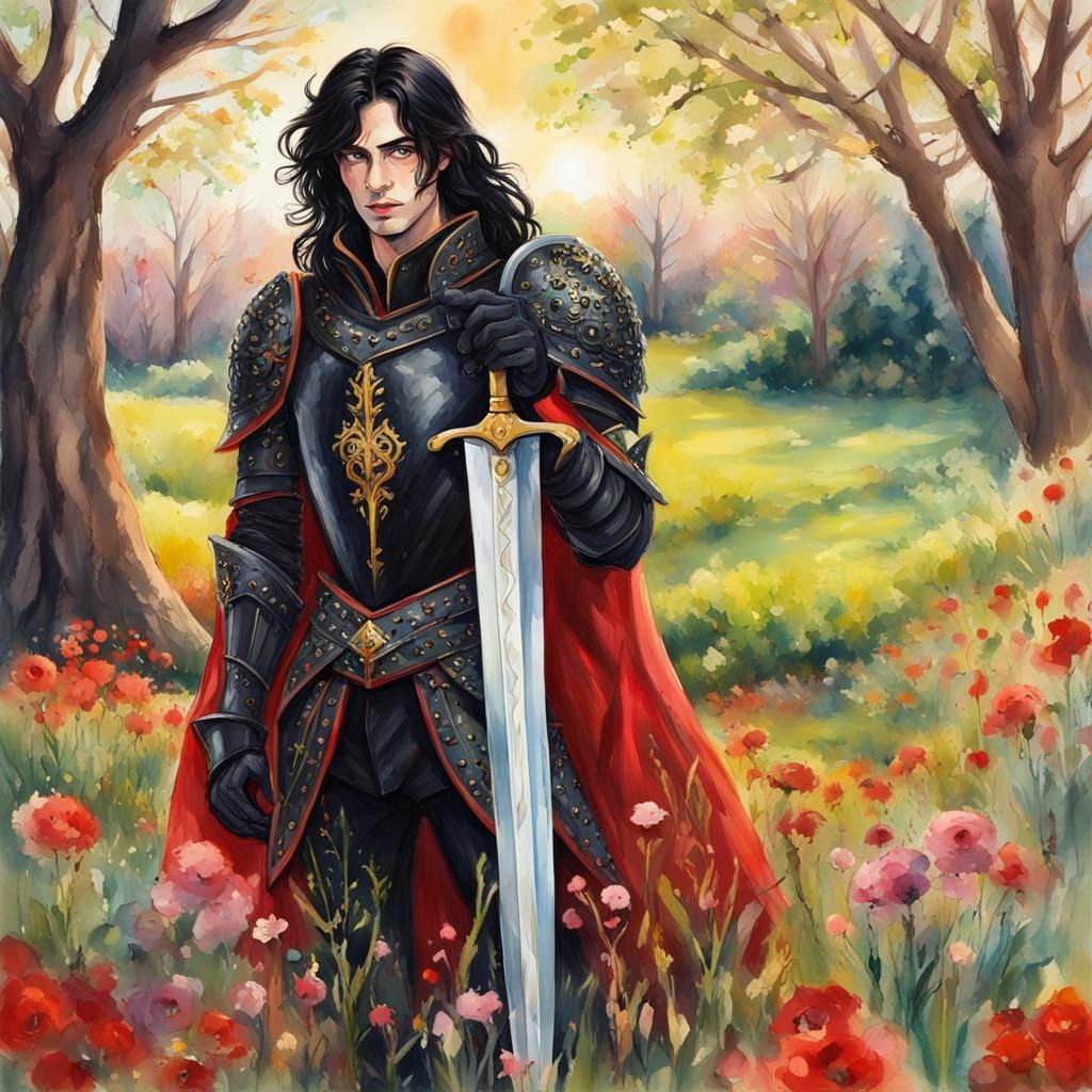 Dark Fantasy Prince in Spring Meadow, Gouache Style